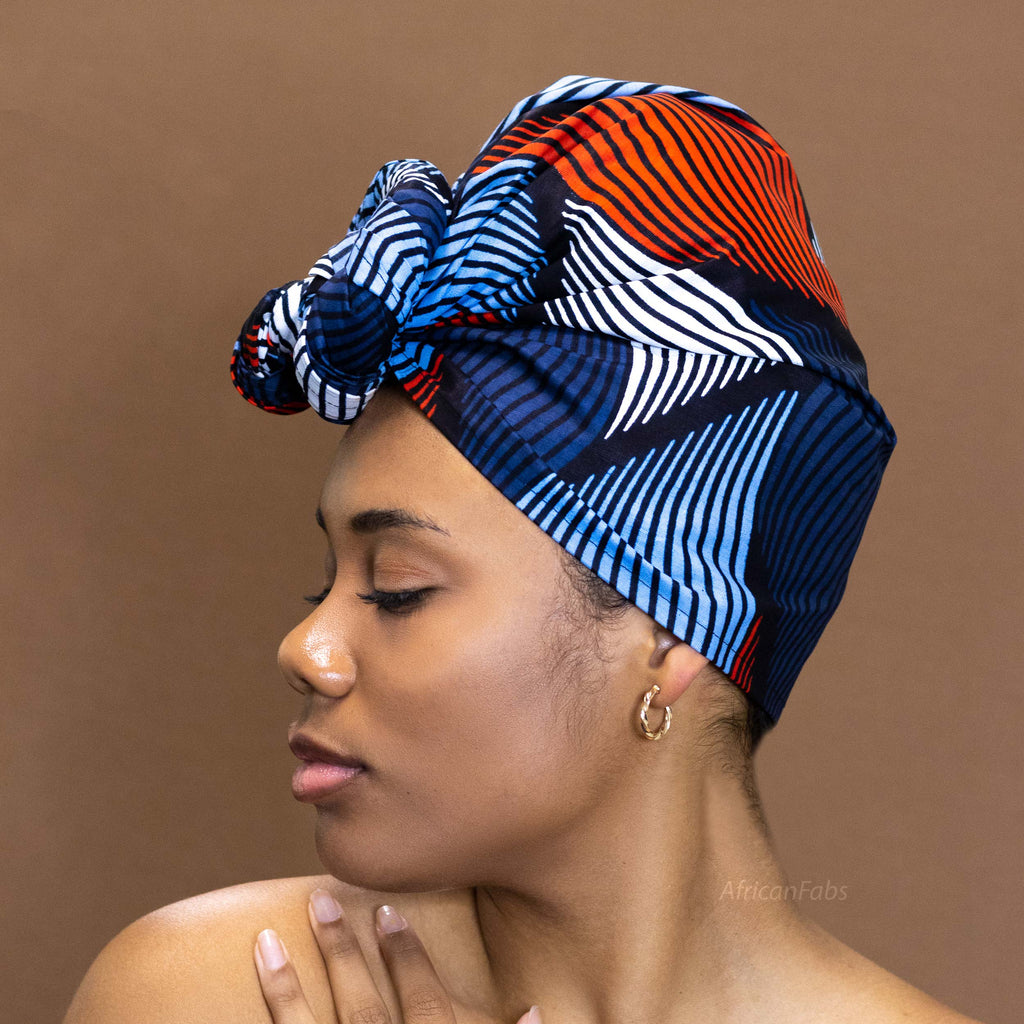 Blauw / Rode swirl hoofddoek - headwrap – AfricanFabs.nl