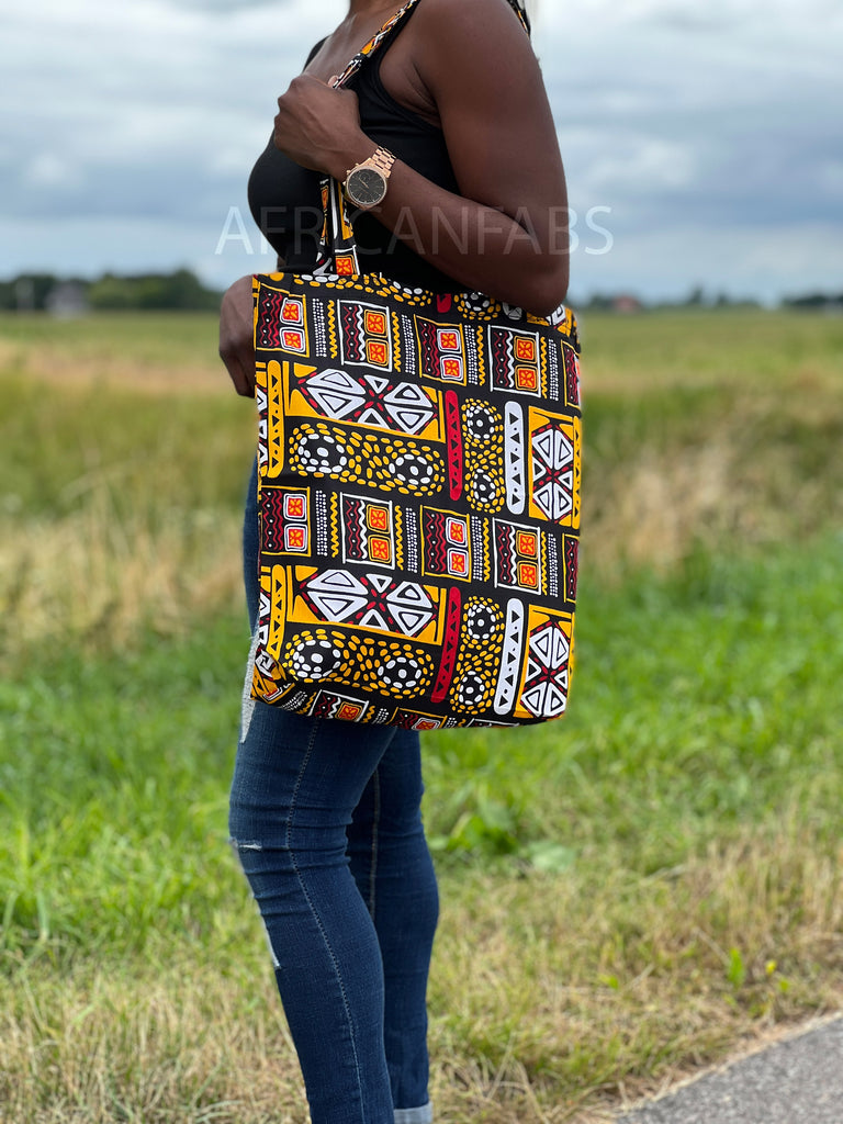 sigaret dikte buitenspiegel Shopper tas met Afrikaanse print - Geel / rode bogolan - Herbruikbare –  AfricanFabs.nl