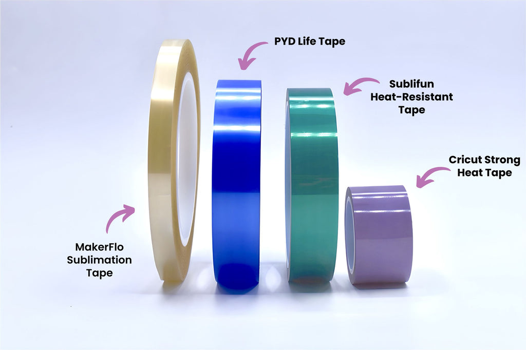Side by side comparison of heat resistant tape for sublimation - MakerFlo, Cricut, PYD Life, and Sublifun