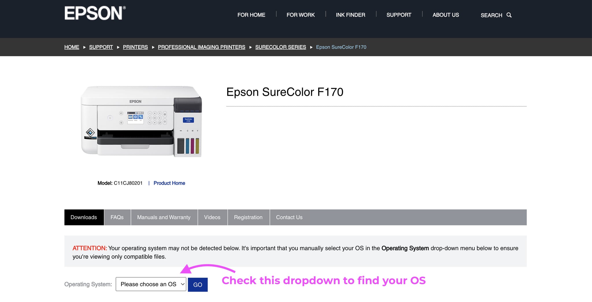 Finding your OS to install Epson printer driver