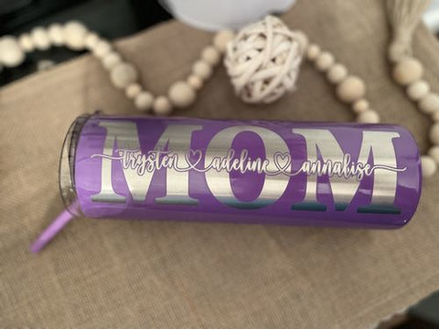 laser engraved mom tumbler in purple