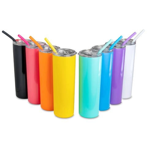 powder-coated tumblers in rainbow colors