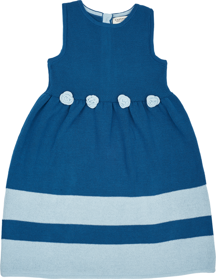 Girl - Cotton Sleeveless Dress With Stripe Border And Crochet Flowers
