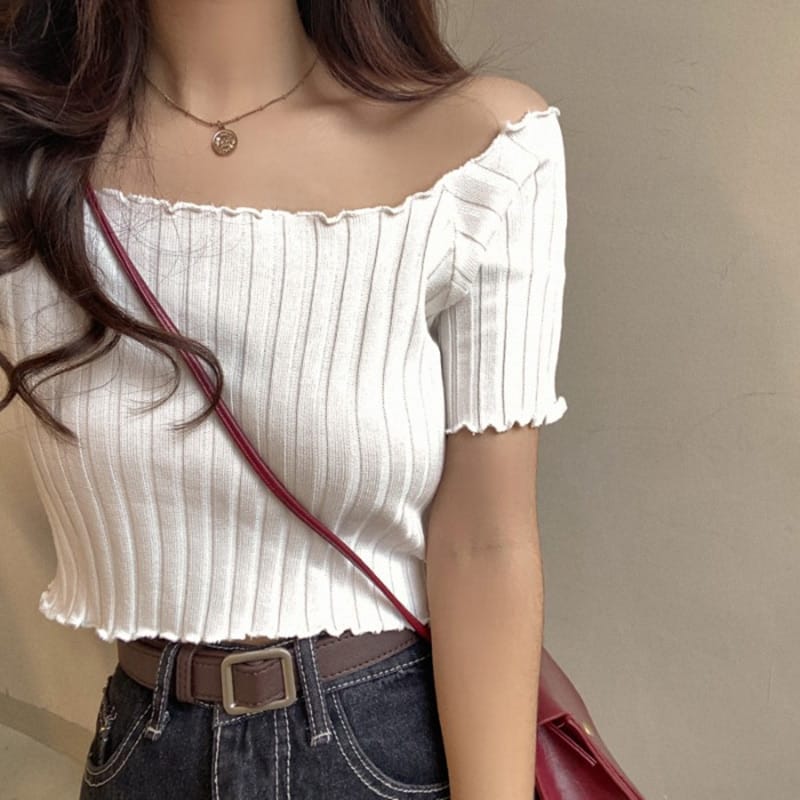 Women Off Shoulder T-shirts Knitted Ruffles Hem Crop Tops Short Sleeve Summer Female