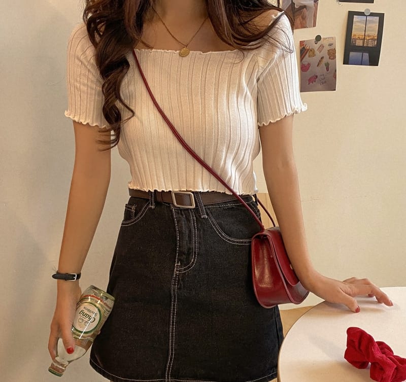 Women Off Shoulder T-shirts Knitted Ruffles Hem Crop Tops Short Sleeve Summer Female