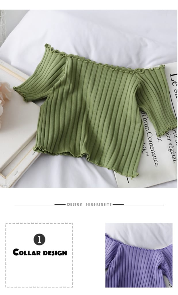 Women Off Shoulder T-shirts Knitted Ruffles Hem Crop Tops Short Sleeve Summer Female