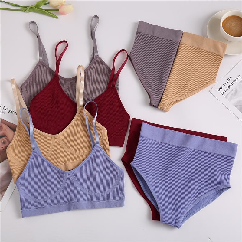 2PCS Bra Set Women Bralette Underwear Lingerie Ribbed Tops