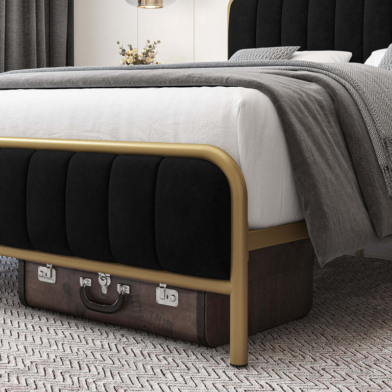 King Size Bed Frame; Metal Tubular Platform Bed Frame with Upholstered Headboard; Black