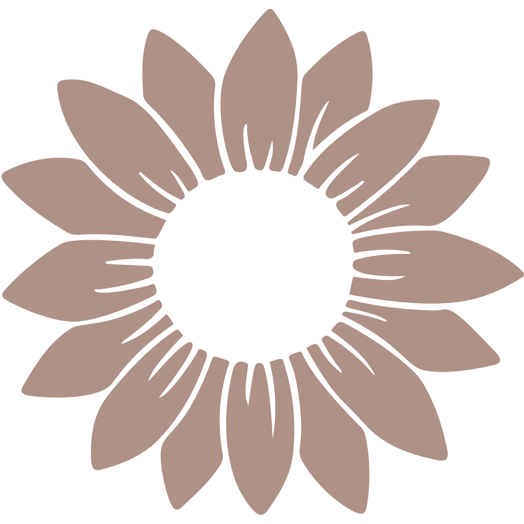 Stylized brown and black sunflower silhouette graphic.