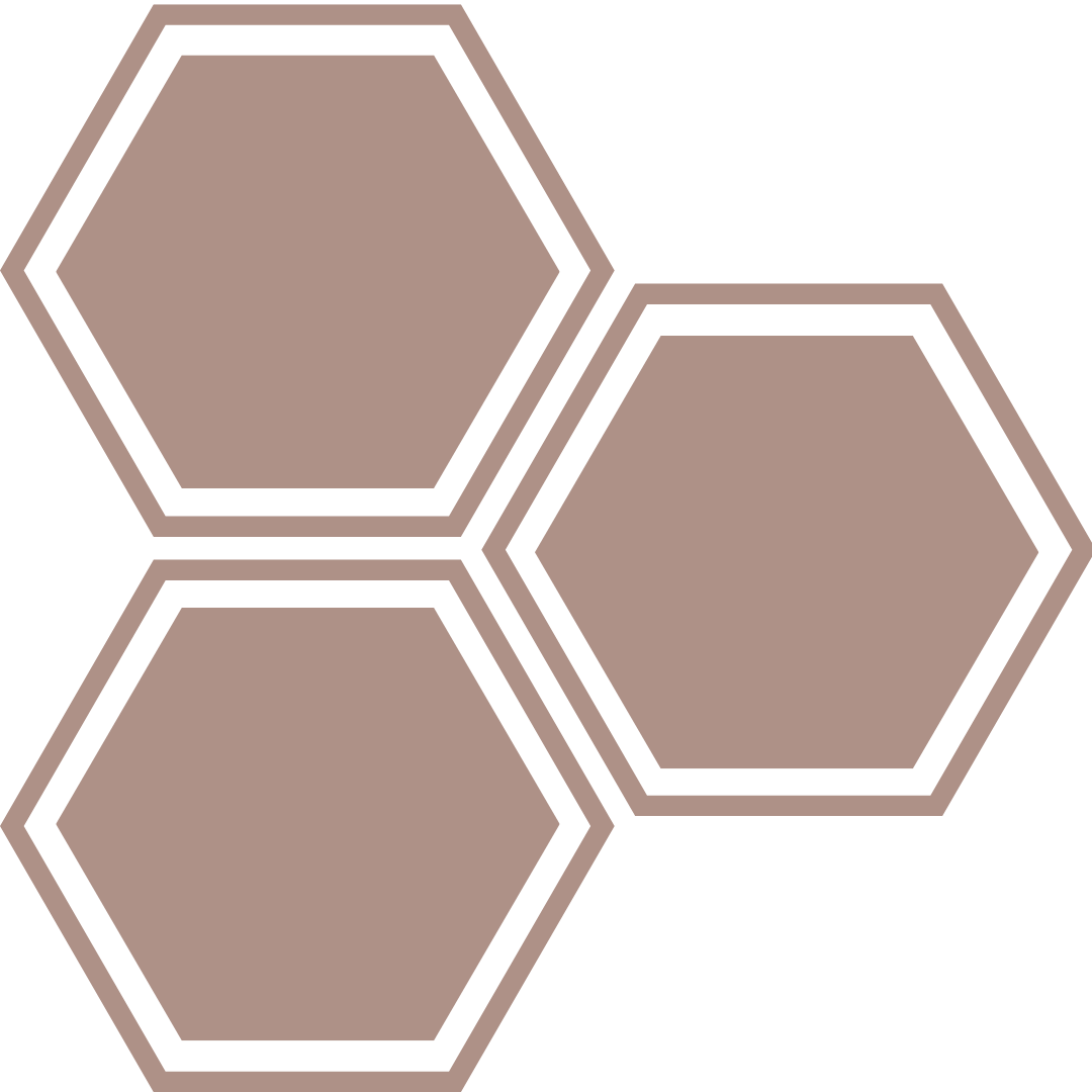 Three interconnected hexagonal shapes with a brown fill and a black outline.