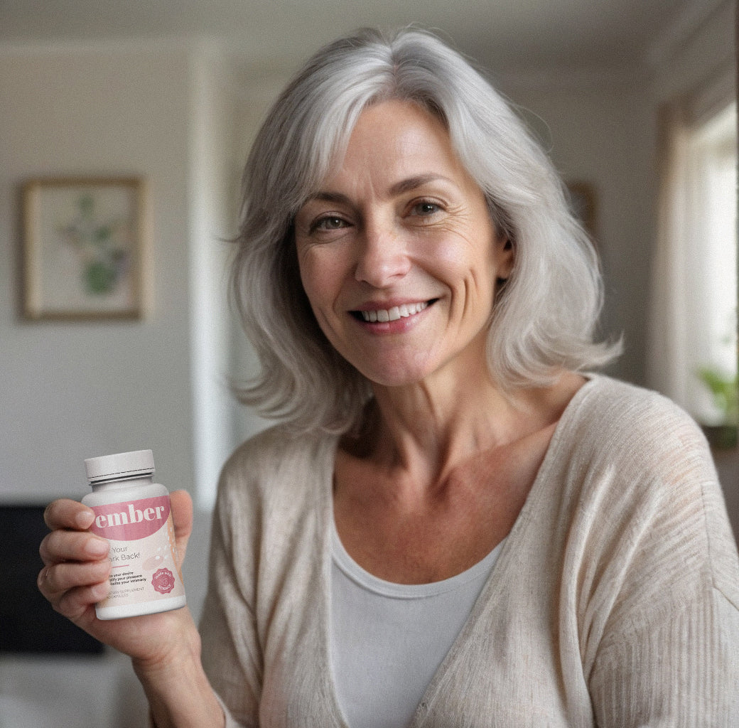 A woman in a pink sweater holding a jar of supplements, smiling indoors.