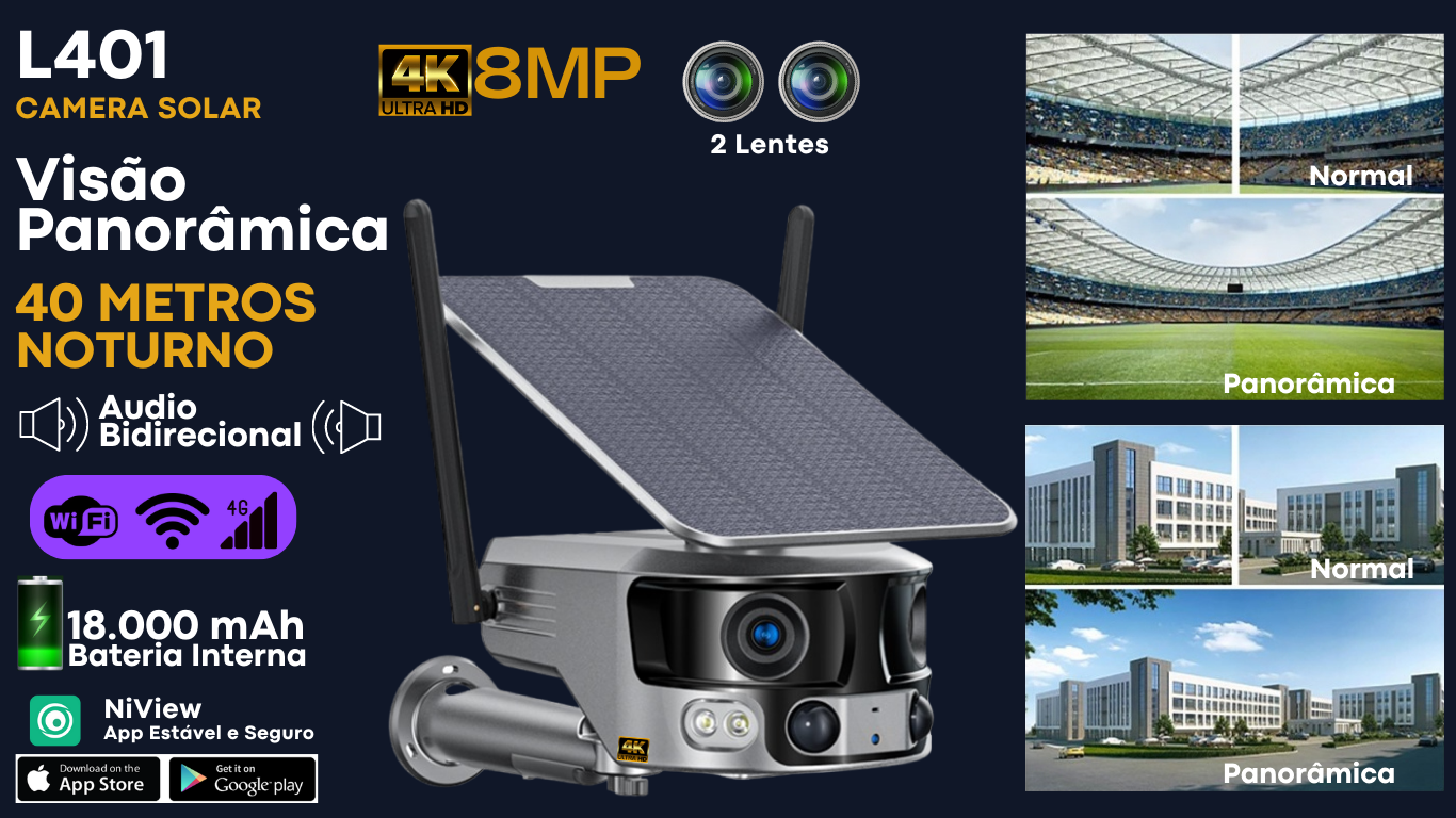 L401 Camera solar externa 4G Wifi 4k 180 graus Detecção Inteligente de Humanos Suporta CCTV Visão Panoramica