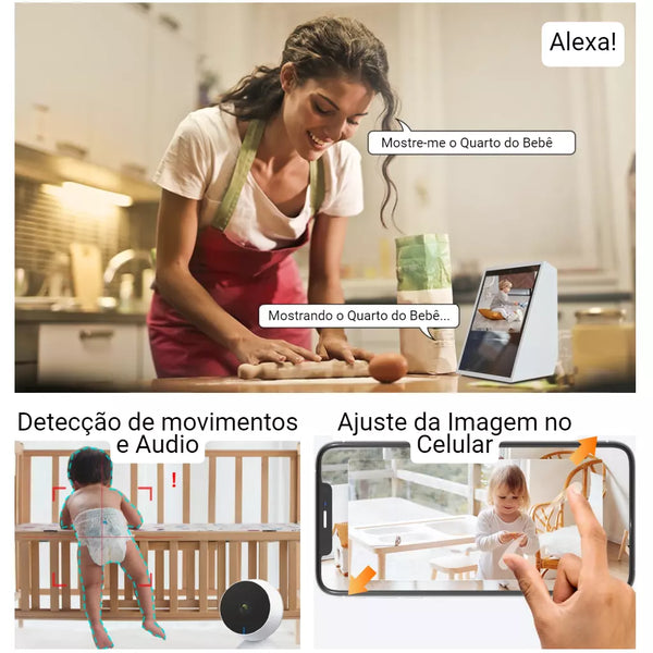 Camera interna baba eletronica wifi com Alexa alto falante e microfone Detecta som e movimento