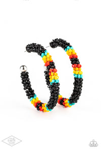 Bodaciously Beaded - Black - Colorful Seed  Bead - Hoop Earrings - Paparazzi Accessories - 
A colorful strand of black, blue, yellow, orange, and red seed beads wraps around a shiny silver hoop, creating a colorfully seasonal look. Earring attaches to a standard post fitting. Hoop measures approximately 2" in diameter.
Sold as one pair of hoop earrings.
