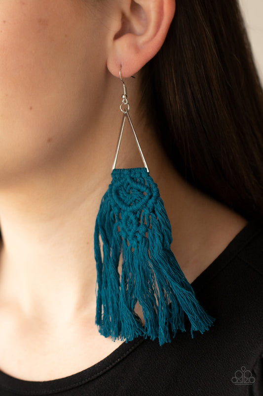 Modern Day Macrame - Blue Macrame Earrings - Paparazzi Accessories - Blue threaded tassels ornately knot at the bottom of a shimmery silver triangular frame, creating a macramé inspired fringe. Earring attaches to a standard fishhook fitting. Sold as one pair of earrings. Bejeweled Accessories By Kristie ♡