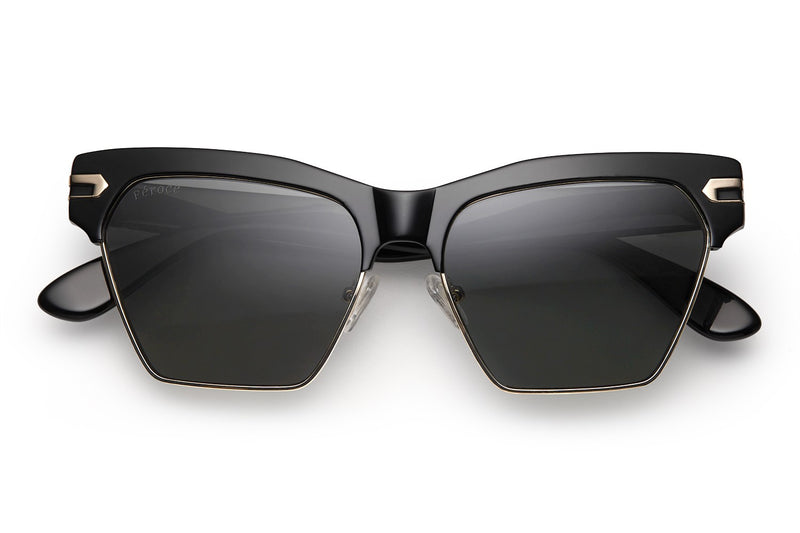 Black acetate sunglasses with stainless steel bottom rim dark grey/black lenses and gold tone …