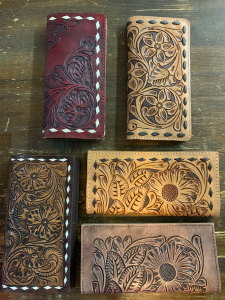 Tooled & Painted Leather Wallet with Turquoise – The Feathered Filly