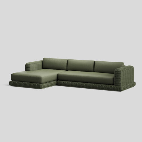 A studio photo of Roundabout Chaise Sofa Olive | Sunbrella Jadeite / Left Chaise