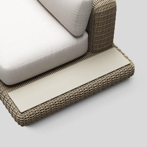 A studio photo of Roundabout Sofa with Side Table Natural | Sunbrella White