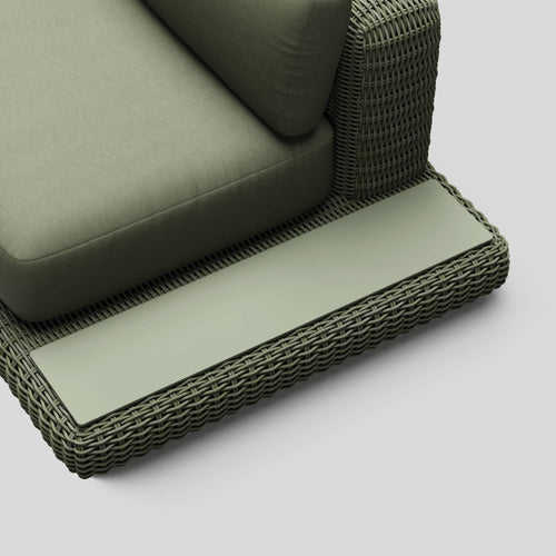 A studio photo of Roundabout Sofa with Side Table Olive | Sunbrella Jadeite