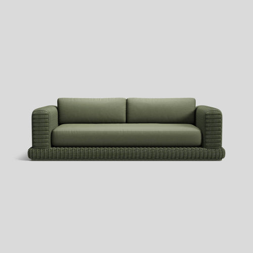 A studio photo of Roundabout Sofa Olive | Sunbrella Jadeite