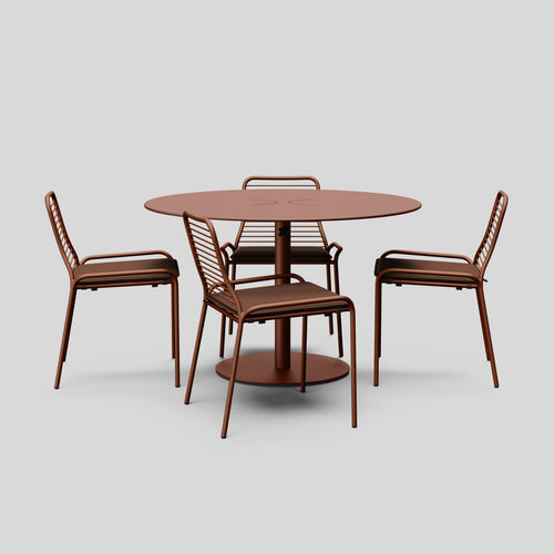 A studio photo of XY Dining Set Rust / Armless