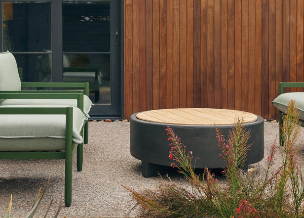 Neighbor Rook Fire Table with teak lid in between assorted Neighbor Terra Collection lounge furniture