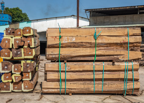 Stacked teak logs at factory