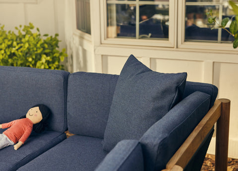 Outdoor sofa with indigo blue Sunbrella fabric