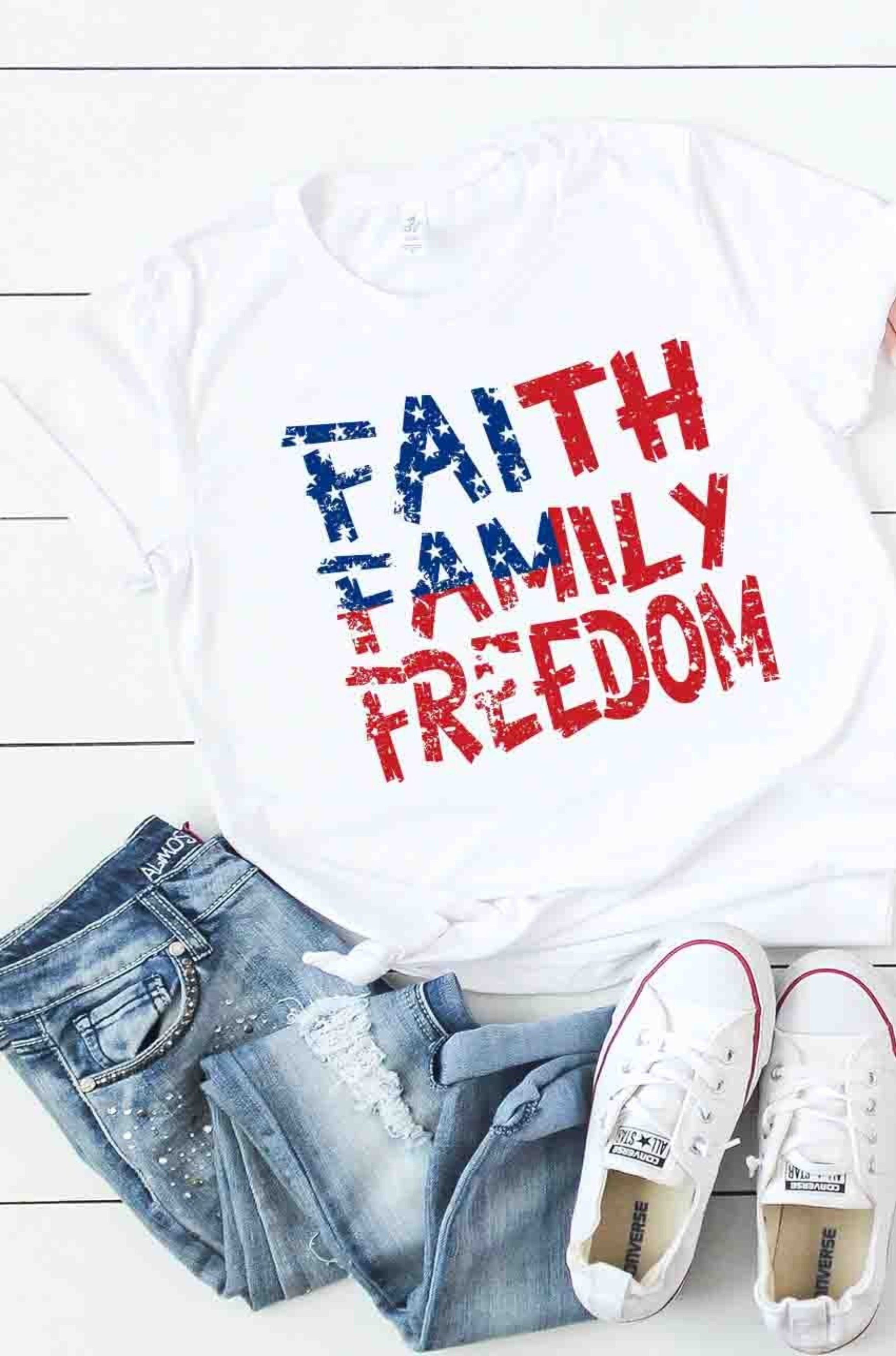 Faith Family Freedom Tee Red White Blue Rhinestone Leopard