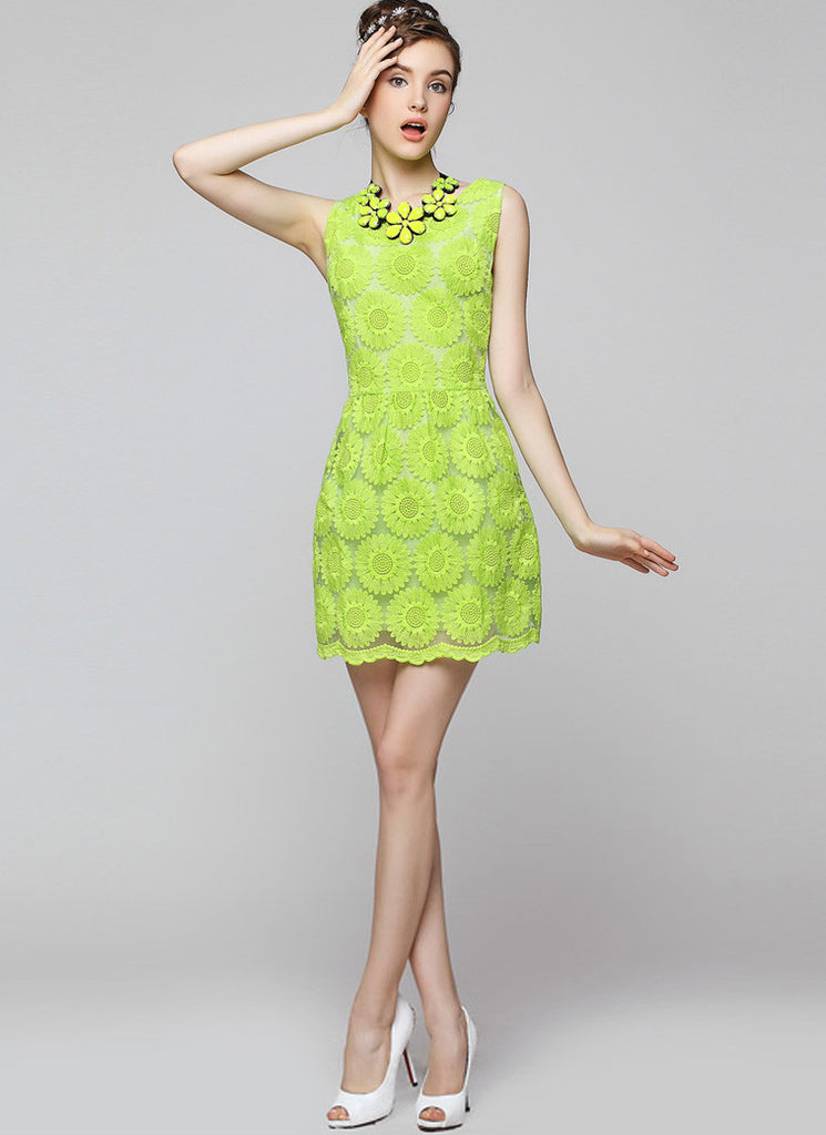 Sleeveless Lime Green Lace Mini Sheath Dress with Scalloped Hem RD511 ...