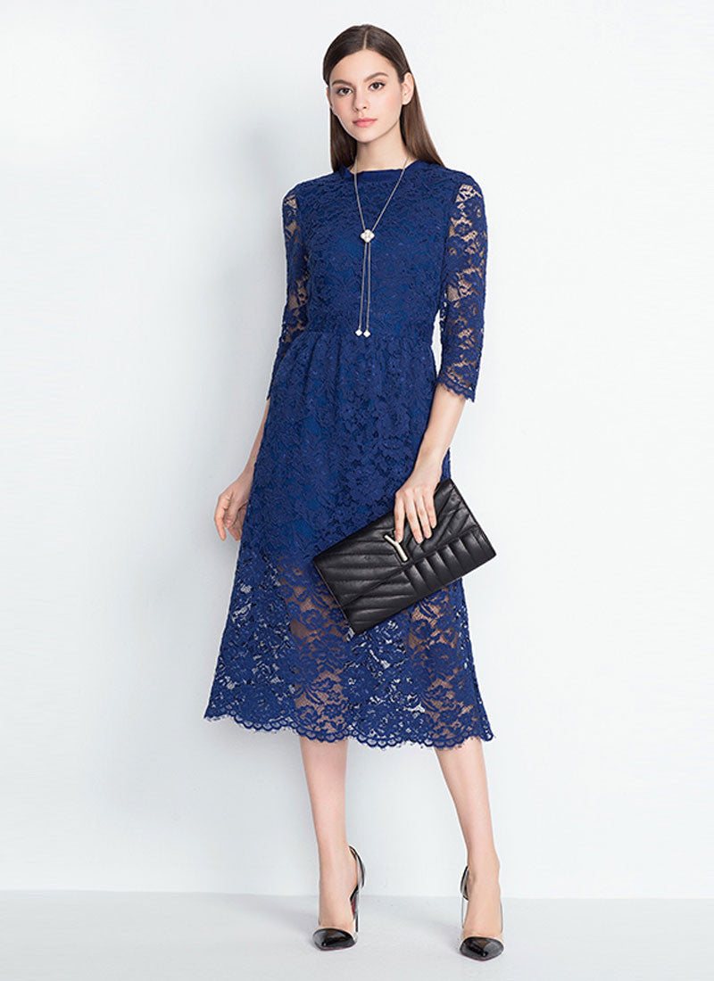 blue lace midi dress with sleeves