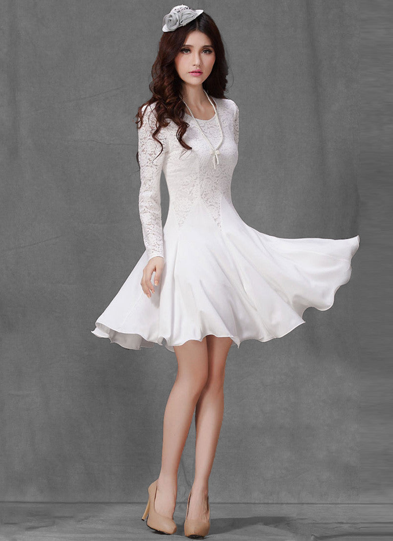 white long sleeve fit and flare dress