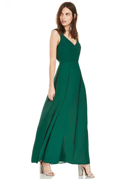 Open Back Dark Green Chiffon Maxi Dress with V Neck RM561 – RobePlus