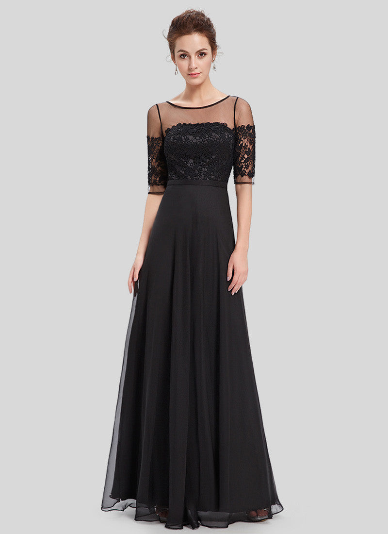 Black Lace Organza Chiffon Maxi Dress with V Back MX48 – RobePlus