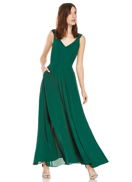 Open Back Dark Green Chiffon Maxi Dress with V Neck RM561 – RobePlus