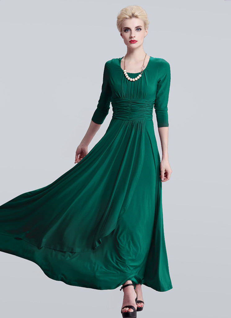 Half Sleeved Emerald Green Maxi Dress with Ruched Wide Waist Yoke RM40 ...
