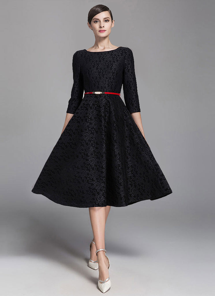 Three Quarter Sleeved Black Lace Fit and Flare Midi Dress