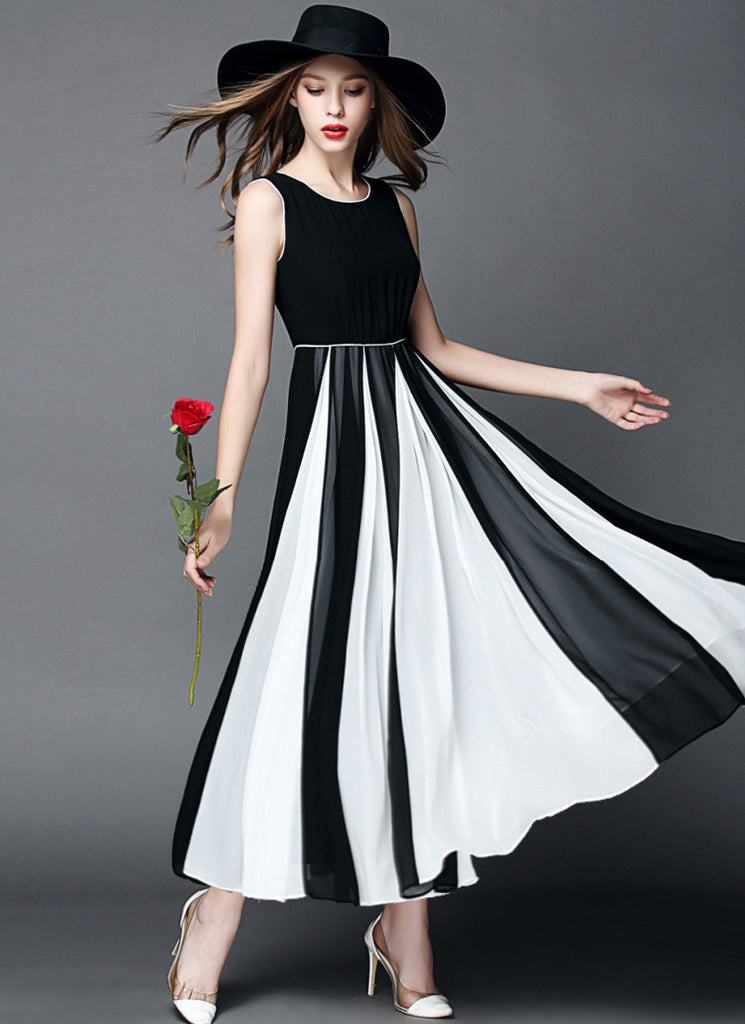Black Chiffon Maxi Dress with Contrast White Fabric Insertion on Skirt ...
