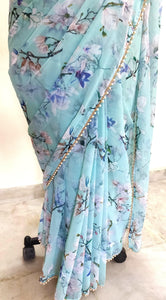 Designer Faux Georgette Turquoise Pearl Lacer Saree ND08 - Ethnic's By Anvi Creations