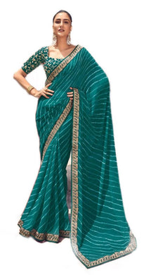 Turquoise Lehariya Printed Saree with Embroidered Blouse VH35C