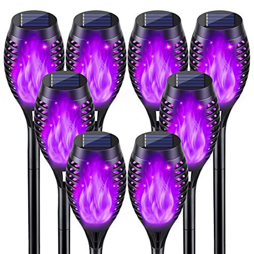 Halloween Decorations Outdoor, 8Pack Purple Halloween Lights Outdoor Flickering Flame, Waterproof Solar Tiki Torches, LED Outside Decor Solar Halloween Lights for Garden Yard Porch Lawn Decorations
