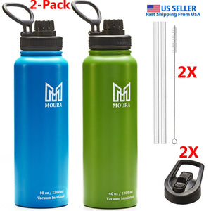 Water Bottle 40 oz Stainless Steel Insulated Double Wall comes with 2 lids, USA