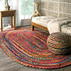 Hand Made Bohemian Braided Cotton Area Rug in Multi Color Chindi