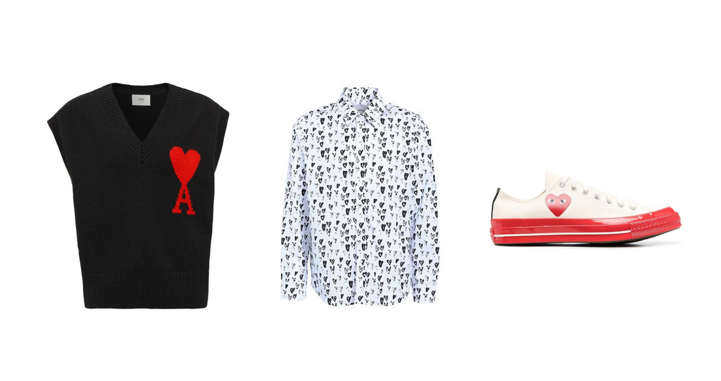 Valentine's Day inspired wardrobe pieces, a knitted vest with red heart, a white shirt with black hand drawn hearts and a cream and red pair of trainers with a heart