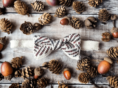 A cream and autumnal coloured knitted bow tie lies surrounded by pine cones and acorns