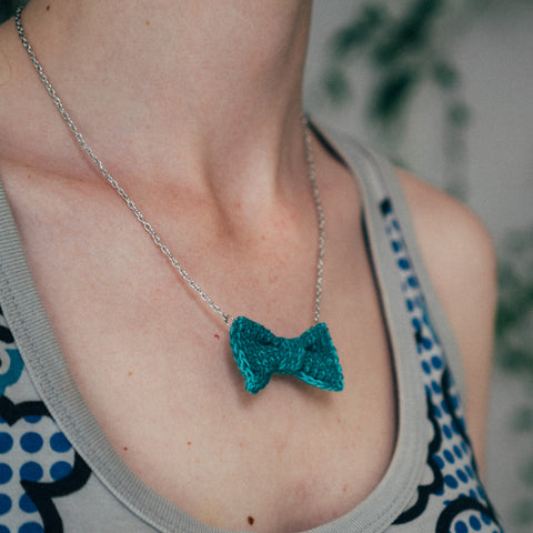 Green Mini Bow Tie Necklace on Neck