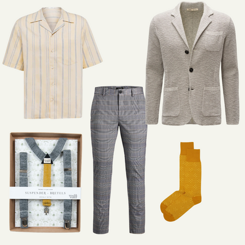 Wes Anderson-outfit voor heren in crème en butterscotch