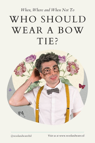 A pinterest pin with a picture of a man in a grey knitted bow tie and butterscotch yellow suspenders