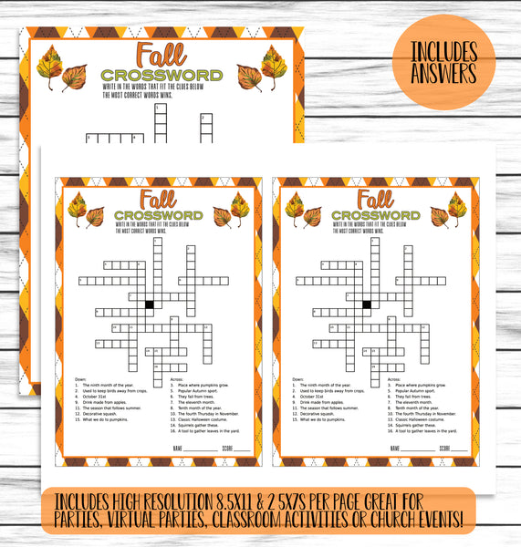 Fall Autumn Party Family Reunion Crossword Puzzle Game, Printable Kids